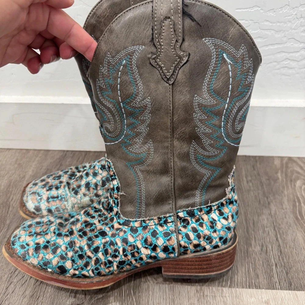Roper Glitter Leopard Print Boots Kids Girls 3 Brown Blue Western Rodeo